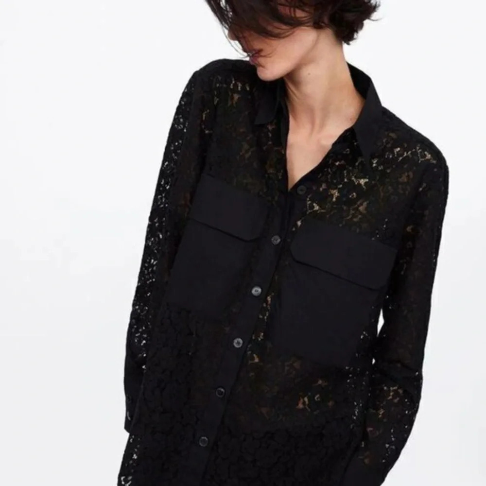 ZARA LONG LACE BUTTON UP COLLARED BLOUSE SHIRT